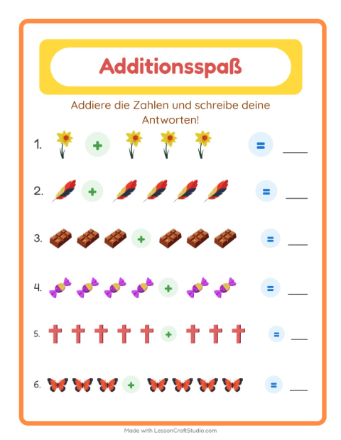 Vorschau: Addition-Arbeitsblatt mit Ostern für Kindergarten