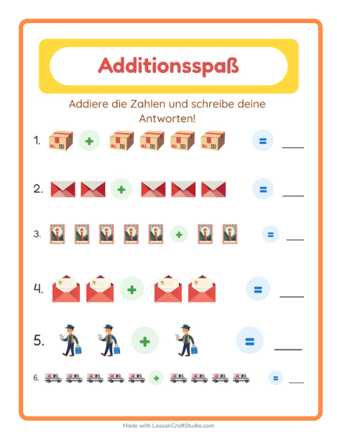 Vorschau: Addition-Arbeitsblatt mit Postamt für Kindergarten