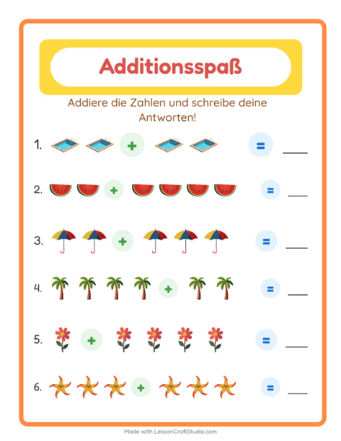 Vorschau: Addition-Arbeitsblatt mit Sommer für Kindergarten