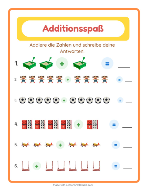Vorschau: Addition-Arbeitsblatt mit Spielzeug für Kindergarten