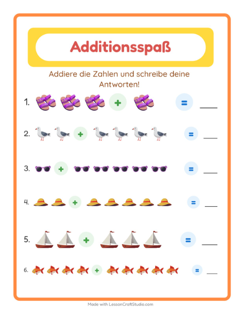 Vorschau: Addition-Arbeitsblatt mit Strand für Kindergarten