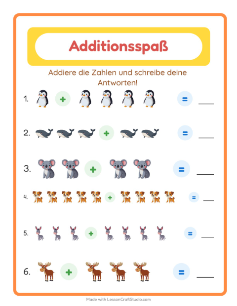 Vorschau: Addition-Arbeitsblatt mit Tiere für Kindergarten