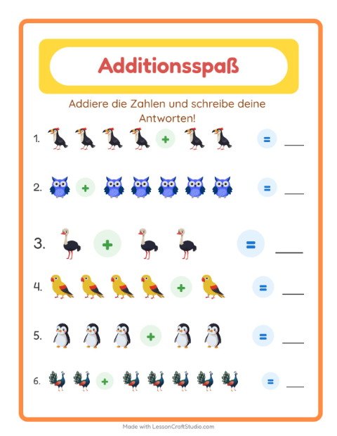 Vorschau: Addition-Arbeitsblatt mit Vögel für Kindergarten