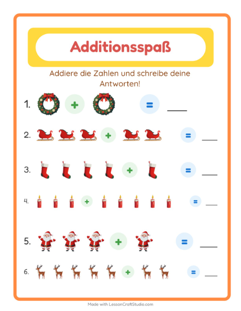 Vorschau: Addition-Arbeitsblatt mit Weihnachten für Kindergarten