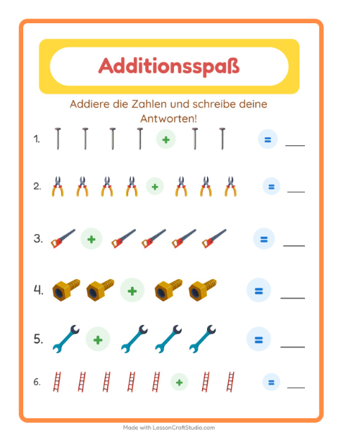 Vorschau: Addition-Arbeitsblatt mit Werkzeuge für Kindergarten