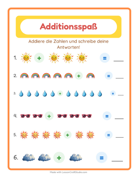 Vorschau: Addition-Arbeitsblatt mit Wetter für Kindergarten