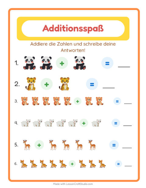 Vorschau: Addition-Arbeitsblatt mit Zootiere für Kindergarten