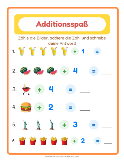 Vorschau: Addition-Arbeitsblatt mit 4. Juli für Kindergarten