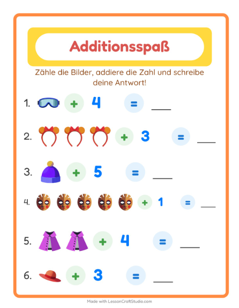 Vorschau: Addition-Arbeitsblatt mit Accessoires für Kindergarten