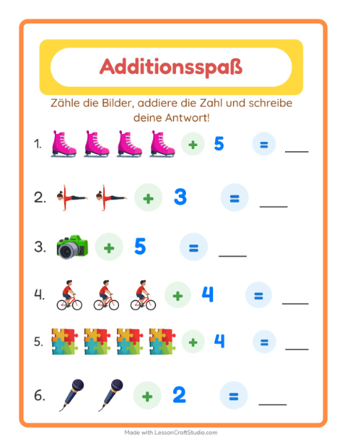 Vorschau: Addition-Arbeitsblatt mit Aktivitäten für Kindergarten
