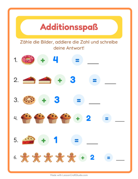 Vorschau: Addition-Arbeitsblatt mit Bäckerei für Kindergarten