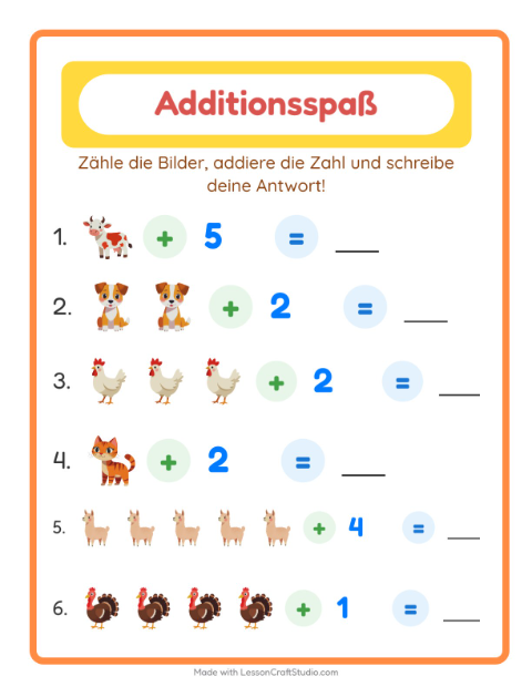 Vorschau: Addition-Arbeitsblatt mit Bauernhoftiere für Kindergarten