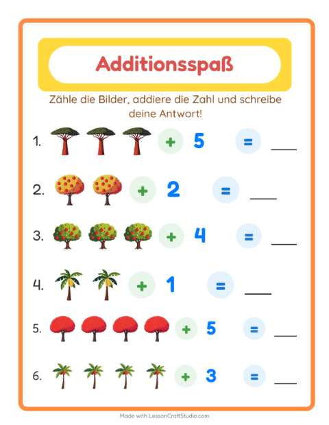Vorschau: Addition-Arbeitsblatt mit Bäume für Kindergarten