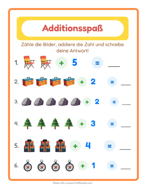 Vorschau: Addition-Arbeitsblatt mit Camping für Kindergarten