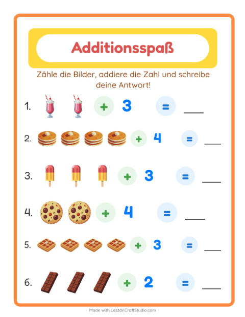 Vorschau: Addition-Arbeitsblatt mit Desserts und Süßigkeiten für Kindergarten