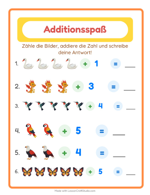 Vorschau: Addition-Arbeitsblatt mit Dinge die fliegen für Kindergarten