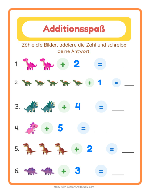 Vorschau: Addition-Arbeitsblatt mit Dinosaurier für Kindergarten