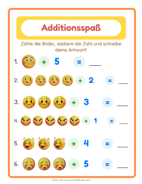 Vorschau: Addition-Arbeitsblatt mit Emotionen für Kindergarten