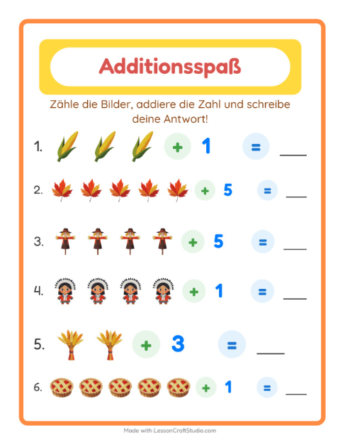 Vorschau: Addition-Arbeitsblatt mit Erntedankfest für Kindergarten