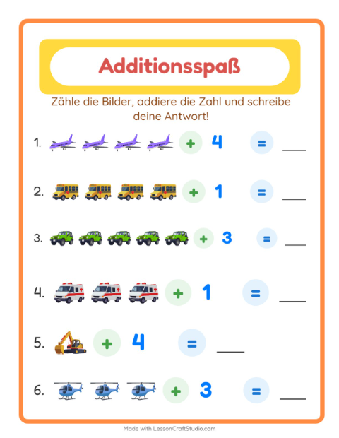 Vorschau: Addition-Arbeitsblatt mit Fahrzeuge für Kindergarten