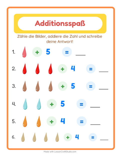 Vorschau: Addition-Arbeitsblatt mit Farben für Kindergarten