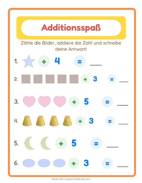 Vorschau: Addition-Arbeitsblatt mit Formen für Kindergarten