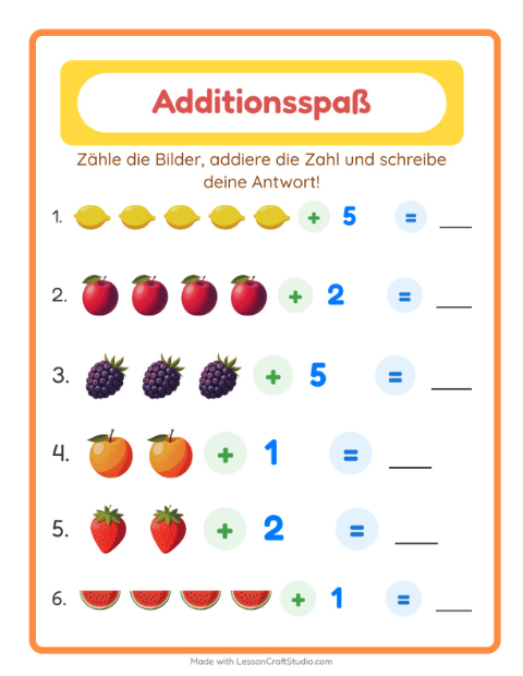 Vorschau: Addition-Arbeitsblatt mit Früchte für Kindergarten