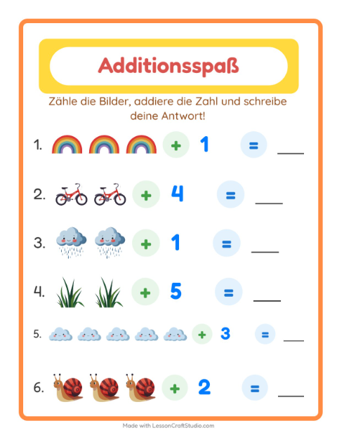 Vorschau: Addition-Arbeitsblatt mit Frühling für Kindergarten