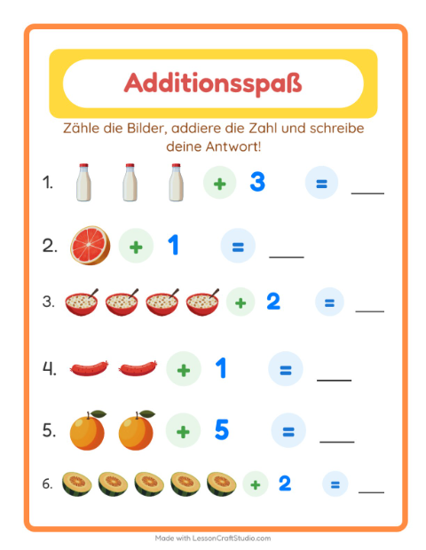 Vorschau: Addition-Arbeitsblatt mit Frühstück für Kindergarten