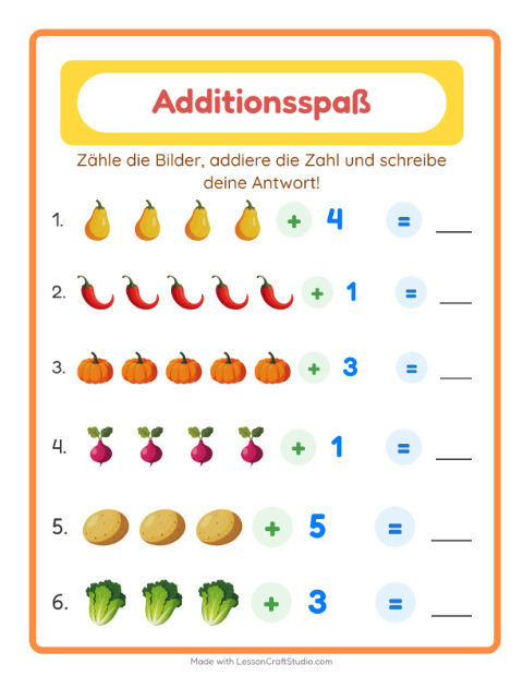 Vorschau: Addition-Arbeitsblatt mit Gemüse für Kindergarten