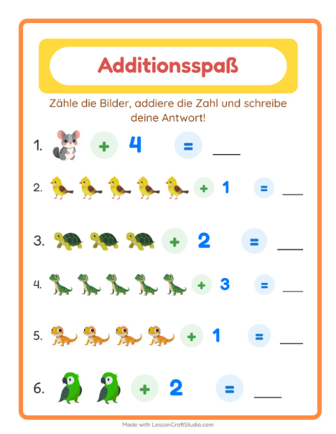 Vorschau: Addition-Arbeitsblatt mit Haustiere für Kindergarten