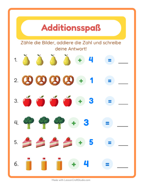 Vorschau: Addition-Arbeitsblatt mit Im Supermarkt für Kindergarten