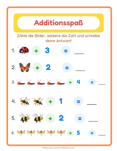 Vorschau: Addition-Arbeitsblatt mit Insekten und Käfer für Kindergarten