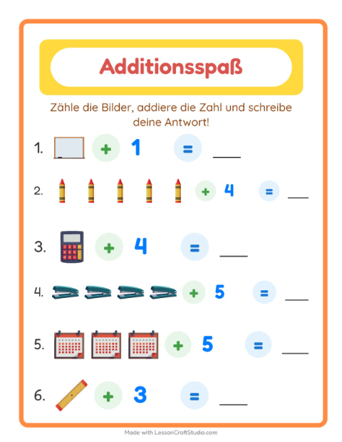 Vorschau: Addition-Arbeitsblatt mit Klassenzimmer für Kindergarten