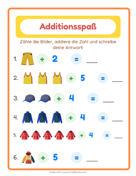 Vorschau: Addition-Arbeitsblatt mit Kleidung für Kindergarten