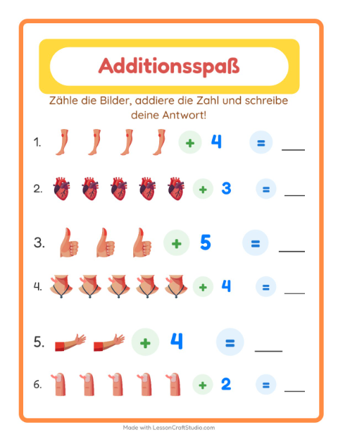 Vorschau: Addition-Arbeitsblatt mit Körperteile für Kindergarten