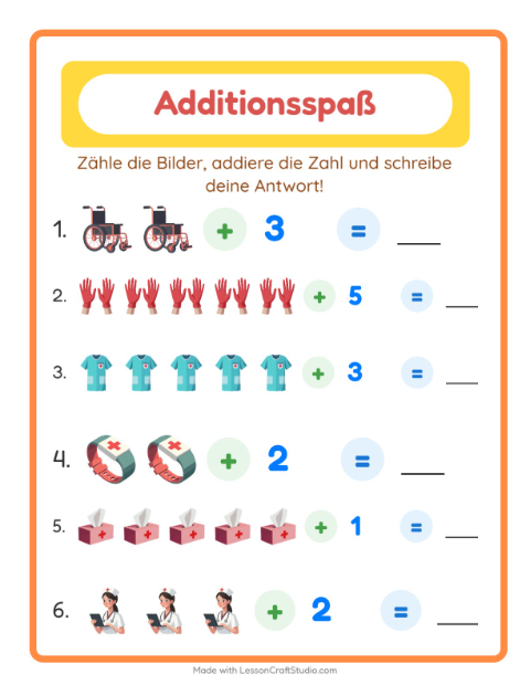 Vorschau: Addition-Arbeitsblatt mit Krankenhaus für Kindergarten