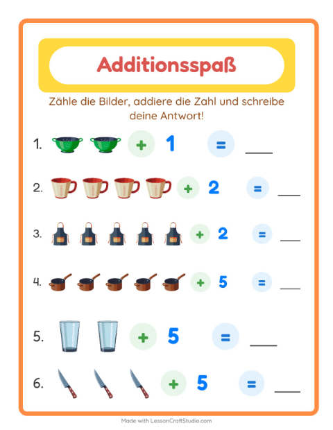 Vorschau: Addition-Arbeitsblatt mit Küchenwerkzeuge für Kindergarten