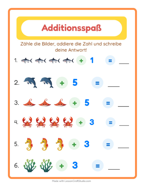Vorschau: Addition-Arbeitsblatt mit Meeresleben für Kindergarten