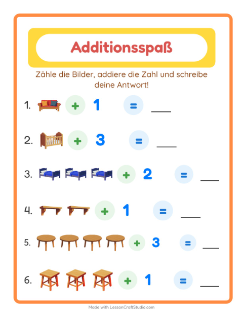 Vorschau: Addition-Arbeitsblatt mit Möbel für Kindergarten