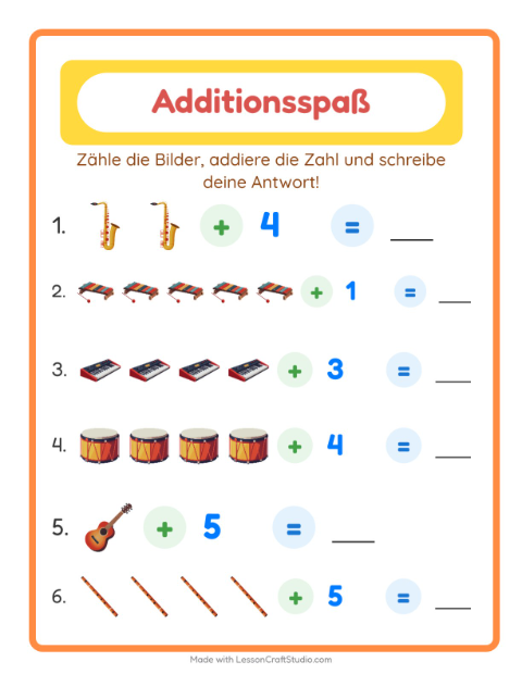 Vorschau: Addition-Arbeitsblatt mit Musik für Kindergarten