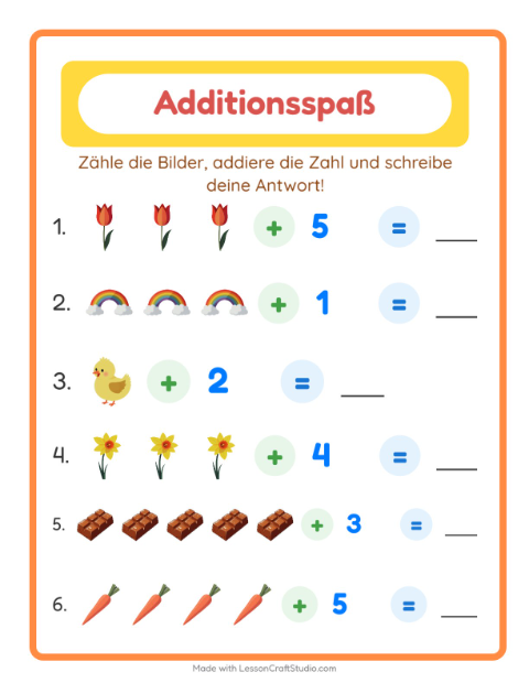 Vorschau: Addition-Arbeitsblatt mit Ostern für Kindergarten