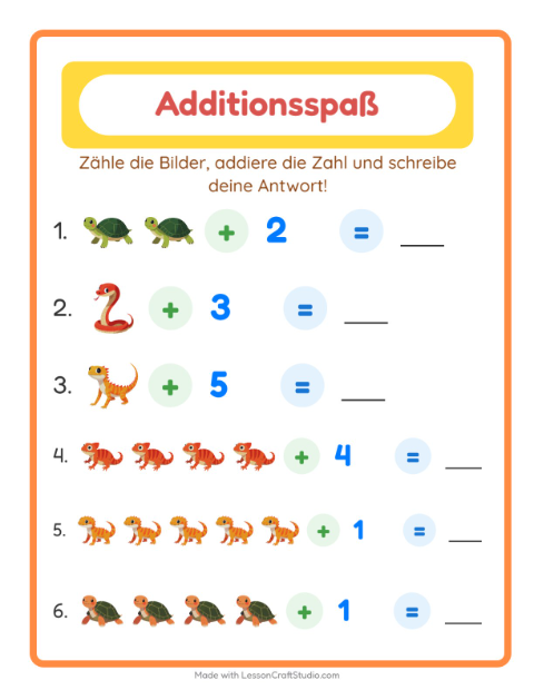 Vorschau: Addition-Arbeitsblatt mit Reptilien und Amphibien für Kindergarten