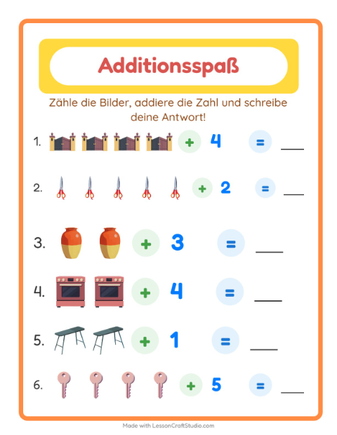 Vorschau: Addition-Arbeitsblatt mit Rund ums Haus für Kindergarten