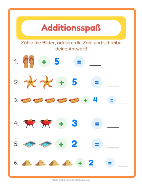 Vorschau: Addition-Arbeitsblatt mit Sommer für Kindergarten