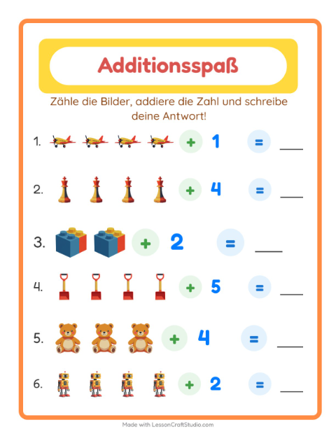 Vorschau: Addition mit Bällen, Puppen und Robotern – Arbeitsblatt für die 1. Klasse