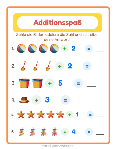 Vorschau: Addition-Arbeitsblatt mit Strand für Kindergarten