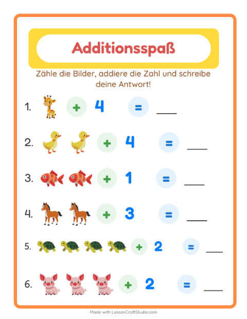 Vorschau: Addition-Arbeitsblatt mit Tiere für Kindergarten