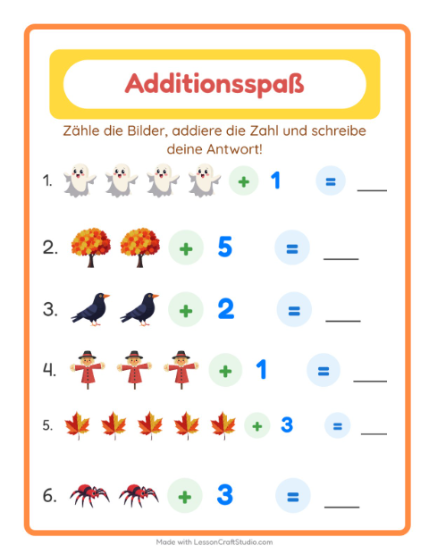 Vorschau: Addition-Arbeitsblatt mit Verschiedenes für Kindergarten
