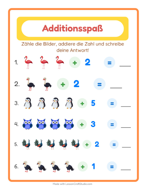 Vorschau: Addition-Arbeitsblatt mit Vögel für Kindergarten